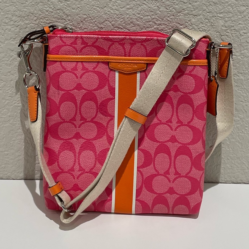 Coach Signature Pink Orange Stripe Swingpack in Coated Canvas F51265